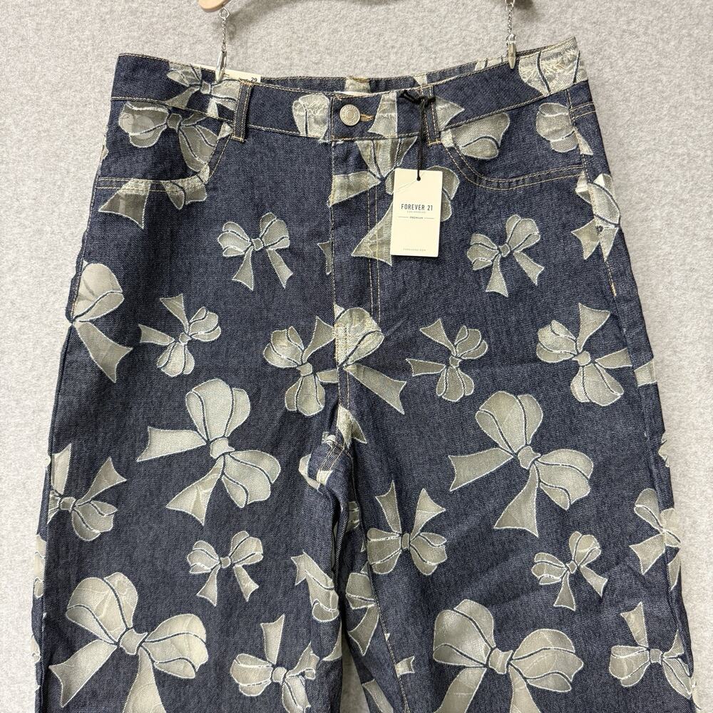 Forever 21 Premium Sheer Bow Denim Jeans High Rise Wide Leg Y2K Coquette 29 NWT - Picture 2 of 10